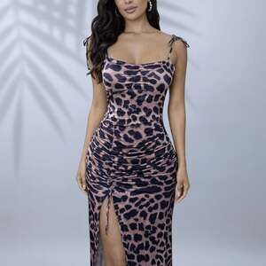 Leopard Print Ruched Bodycon Maxi Dress with High Slit ✧ S
